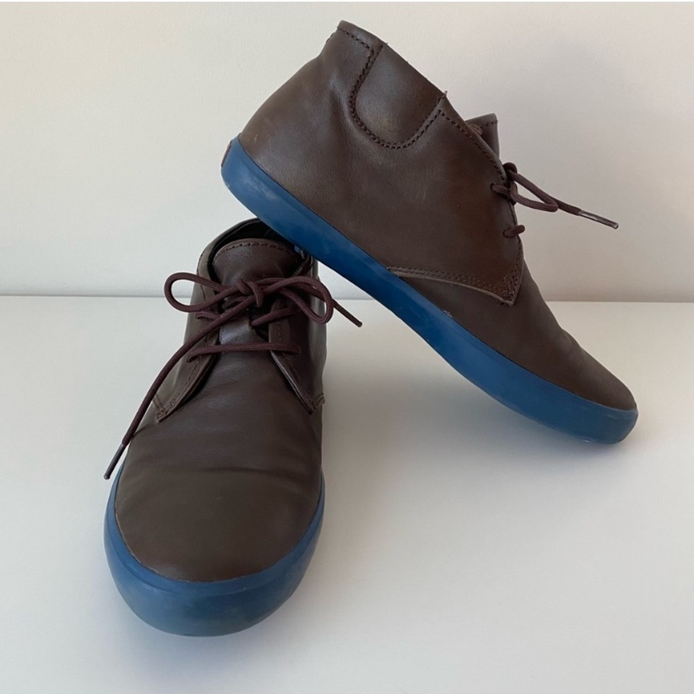 Camper Lace-up Chukka Boots in Brown Leather with Blue Soles, Size US 11, EUC